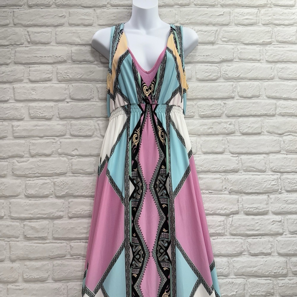Bohemian Hippie Long Maxi Dress Sz M Stretch Whimsy Fairy Boho Festival Aztec